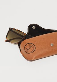 Ray-Ban'i prillid, millel on kilpkonnamuster raam, tumedad hallid objektiivid ja pruun tekstureeritud nahkümbris musta logoga.