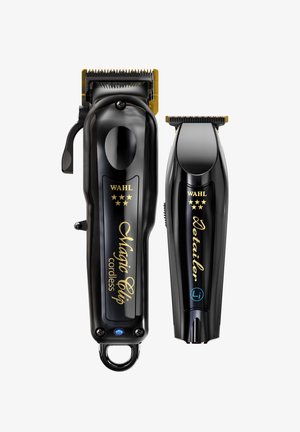 Two black Wahl hair clippers with gold text, one labeled "Magic Clip cordless" and the other "Detailer" with a lithium battery icon.