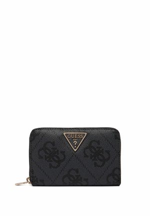 Portefeuille zippé noir de Guess avec motif de logo en relief et emblème triangulaire en métal Guess USA à l'avant.