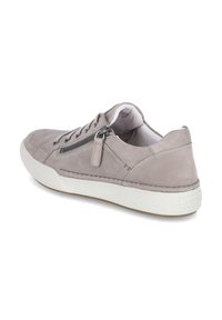 Gray suede sneaker with a rounded toe, white rubber sole, and side zipper detail. Features stitched accents and a soft interior lining.