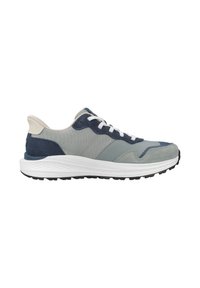 Sporty sneaker made of light grey and navy fabric. Features a textured upper, white laces, a cushioned sole, and a rounded toe.