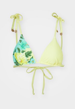 Trekantet bikini-top i lys gul, med et blåt og gult blomsterprint på den ene side. Snører i nakken og på ryggen, med dekorativt hardware.