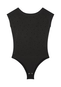Body nero a maniche corte, caratterizzato da un design testurizzato con piccole perforazioni, chiusura a pressione sul fondo e tessuto liscio.
