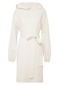Vestido sudadera de algodón crema con mangas largas, capucha con cordón y cinturón en la cintura. Textura suave y corte relajado.