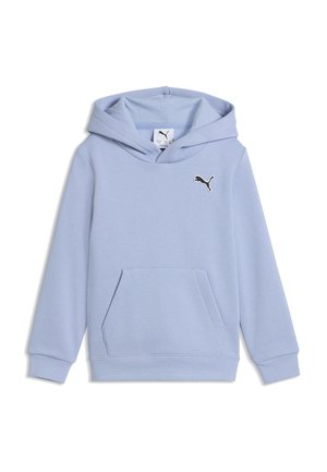 Lyseblå hættetrøje med forlomme og lille sort Puma-logo på venstre bryst.