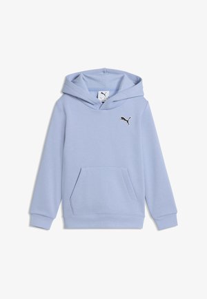 Lichtblauwe capuchontrui met voorvak en klein zwart Puma-logo op de linkerborst.