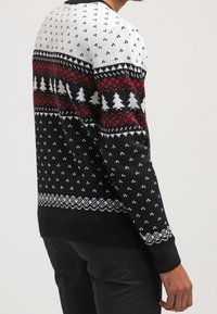 Svart och vit stickad tröja med geometriskt mönster, röda accenter, och en design med träd och snöflingor på den övre delen.