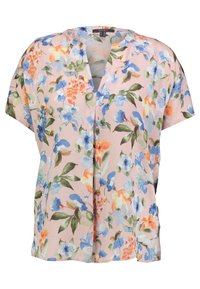 Kortærmet, pink floral bluse med blå og orange blomster, V-hals og løs pasform lavet af letvægtsstof.