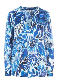 Blusa floreale blu con maniche lunghe, scollatura a V e una varietà di tonalità di blu, caratterizzata da un tessuto leggero e fluido e da intricati motivi floreali.