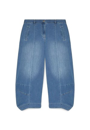 Krótka, szeroka, niebieska na pół denimowa spodnie z przednimi kieszeniami, guzikiem z przodu i detalami szwów przy krawędzi.