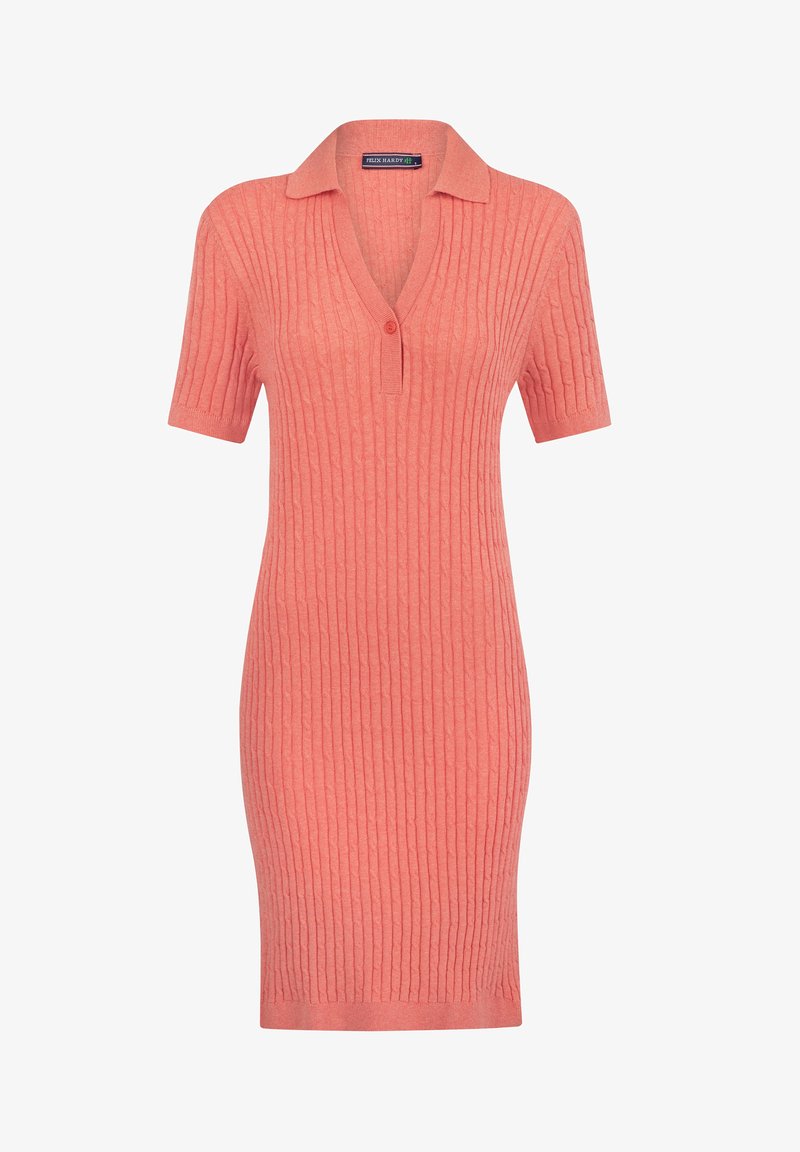 Korallfarbenes Polokleid mit kurzen Ärmeln, gerippter Textur und einer Drei-Knopf-Leiste. Entworfen für eine figurbetonte Silhouette.