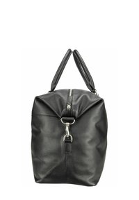 Black leather duffel bag with zipper closure, silver metal clasp, and dual handles on a white background.