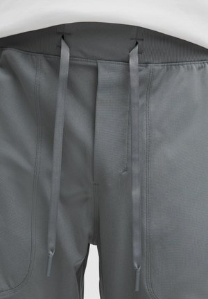 Graue Sportshorts mit glatter Textur, elastischem Bund und flachen Zugbändern. Seitentaschen sind sichtbar und das Design ist schlicht.