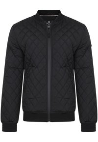 Veste bomber matelassée noire avec une fermeture éclair à l'avant, poignets et ourlet côtelés. Présente un motif en losanges et des poches latérales zippées pour le rangement.