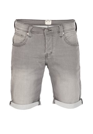 Graue Jeansshorts mit umgeschlagenen Säumen, vorderer Knopfleiste und Reißverschluss, Gürtelschlaufen und fünf Taschen, mit dem Mustang-Label.