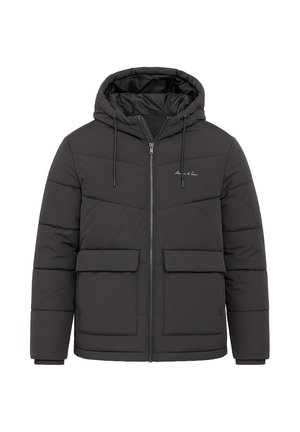 Gepolsterte schwarze Jacke mit Kapuze, Reißverschluss, zwei aufgesetzten Fronttaschen und Kordelzügen. Verfügt über eine gesteppte Textur und ein gesticktes Logo.