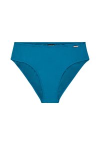 Aukštos juosmens melsvo žalio bikini dugnas. Pagamintas iš lygios, tamprios medžiagos. Pabrėžtą minimalų siuvimą ir mažą prekės ženklo etiketę.