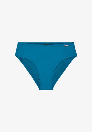 Aukštos juosmens melsvo žalio bikini dugnas. Pagamintas iš lygios, tamprios medžiagos. Pabrėžtą minimalų siuvimą ir mažą prekės ženklo etiketę.