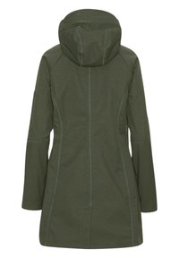 Olijfgroene jas met een getailleerd ontwerp, gestructureerde capuchon, lange mouwen en contrasterende stiksels. Beschikt over een zijzak voor functionaliteit.