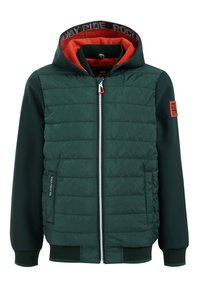 Grön vadderad jacka med huva, med ett orangefärgat foder och vit dragkedja. Inkluderar en sidoficka och en logotyp-patch på ärmen.