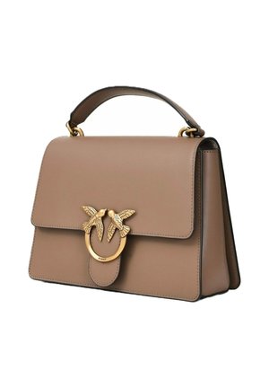 Borsa a mano in pelle color taupe con manico superiore e chiusura dorata raffigurante due uccelli che si fronteggiano su un anello circolare.