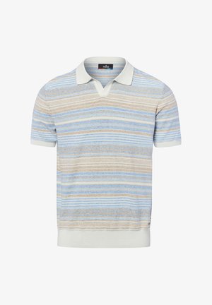 Kurzärmliges Strick-Polo mit horizontalen beige-, blau- und weißen Streifen, weißem Kragen und Ärmelsäumen sowie einem gerippten Saum.