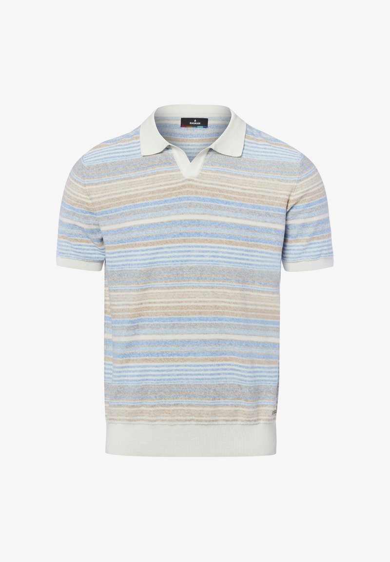 Polo en maille à manches courtes avec des rayures horizontales beiges, bleues et blanches, col et poignets blancs, et un ourlet côtelé.