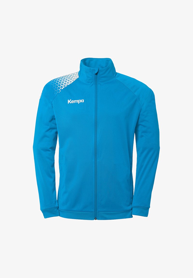 Blauwe sportieve jas van gladde stof, met een hoge kraag, volledige rits en een geometrisch patroon op de schouder.