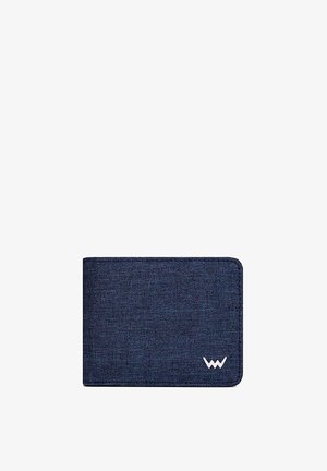 Navy blue fabric wallet with a minimalist design, featuring white logo accents, smooth texture, and rectangular shape.