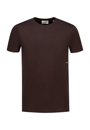 Brown short-sleeve T-shirt made of soft fabric, featuring a crew neck and a small "Pure" label on the lower right side.