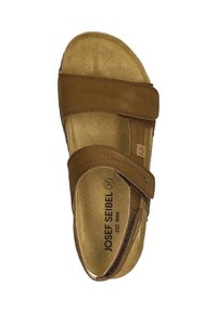 Brown leather sandal featuring two adjustable straps, cushioned footbed, textured surface, and logo detailing on the insole.