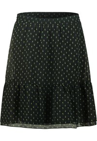 Jupe noire avec petit motif de feuille verte, taille élastique et détail à volants sur l'ourlet.