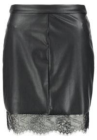 Jupe en cuir noir au design ajusté, avec une bordure en dentelle à l'ourlet. Texture lisse avec une taille haute et des détails de couture à l'arrière.