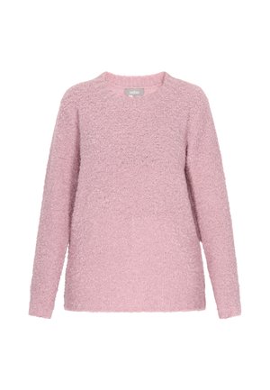 Rosa Pullover aus flauschigem Material, mit rundem Ausschnitt, langen Ärmeln und lockerer Passform sowie geripptem Saum und Bündchen.
