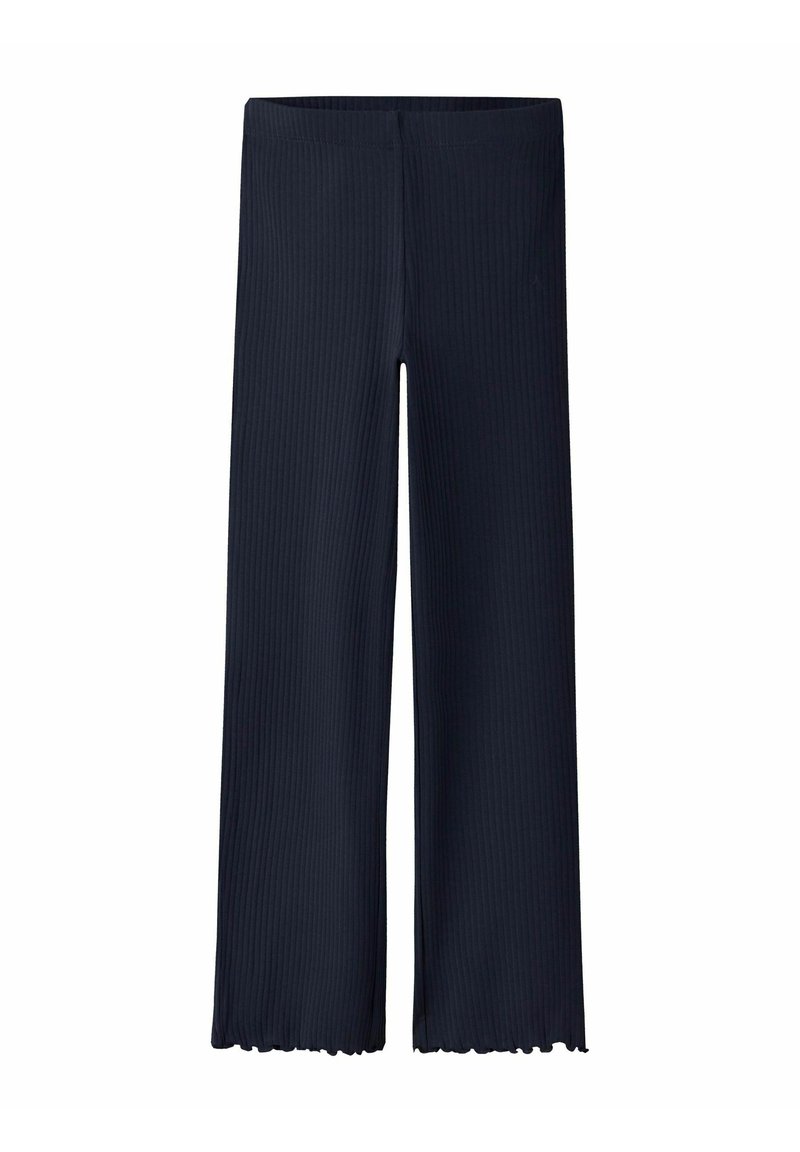 Marineblauwe geribde wijde broek met een rekbare tailleband en rafelige zoom, gemaakt van een zachte stof, met een verticale textuur over het geheel.
