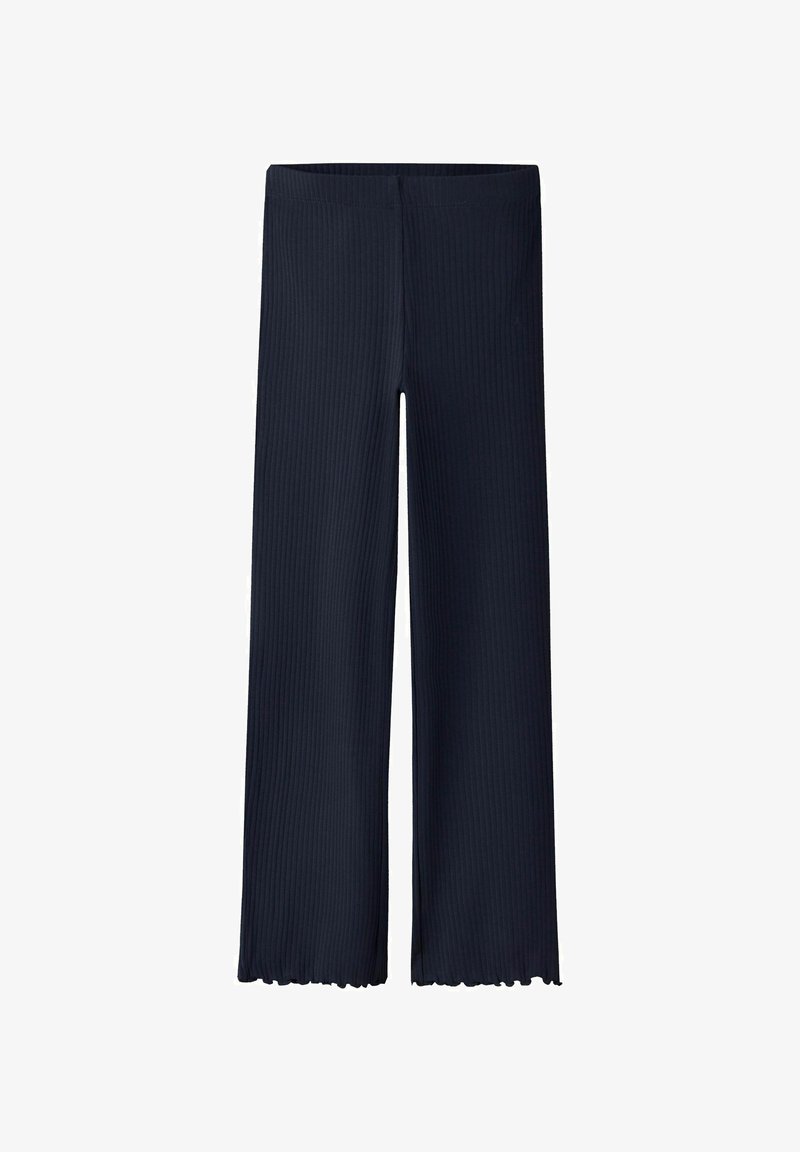 Navy blue ribbed wide-leg pants with a stretchy waistband and frayed hem, made from a soft fabric, featuring vertical texture throughout.