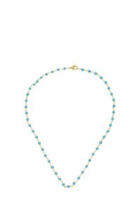 Collana in oro con perle di turchese. Presenta piccole perle tonde distribuite lungo la catena. Chiusura a gancio sul retro.