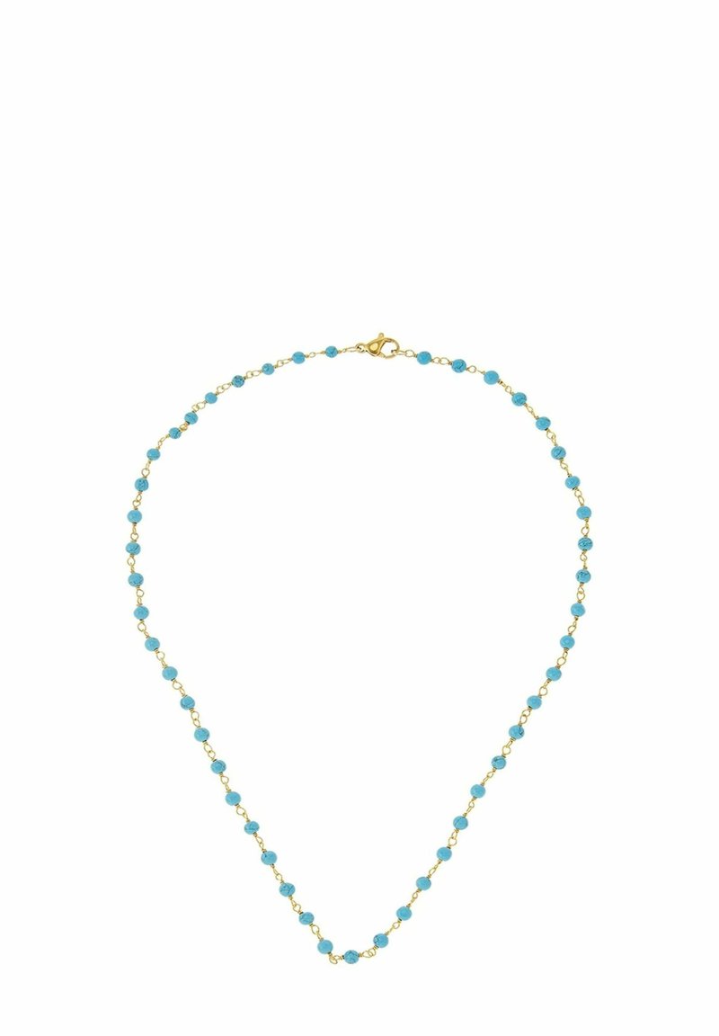 Collana in oro con perle di turchese. Presenta piccole perle tonde distribuite lungo la catena. Chiusura a gancio sul retro.