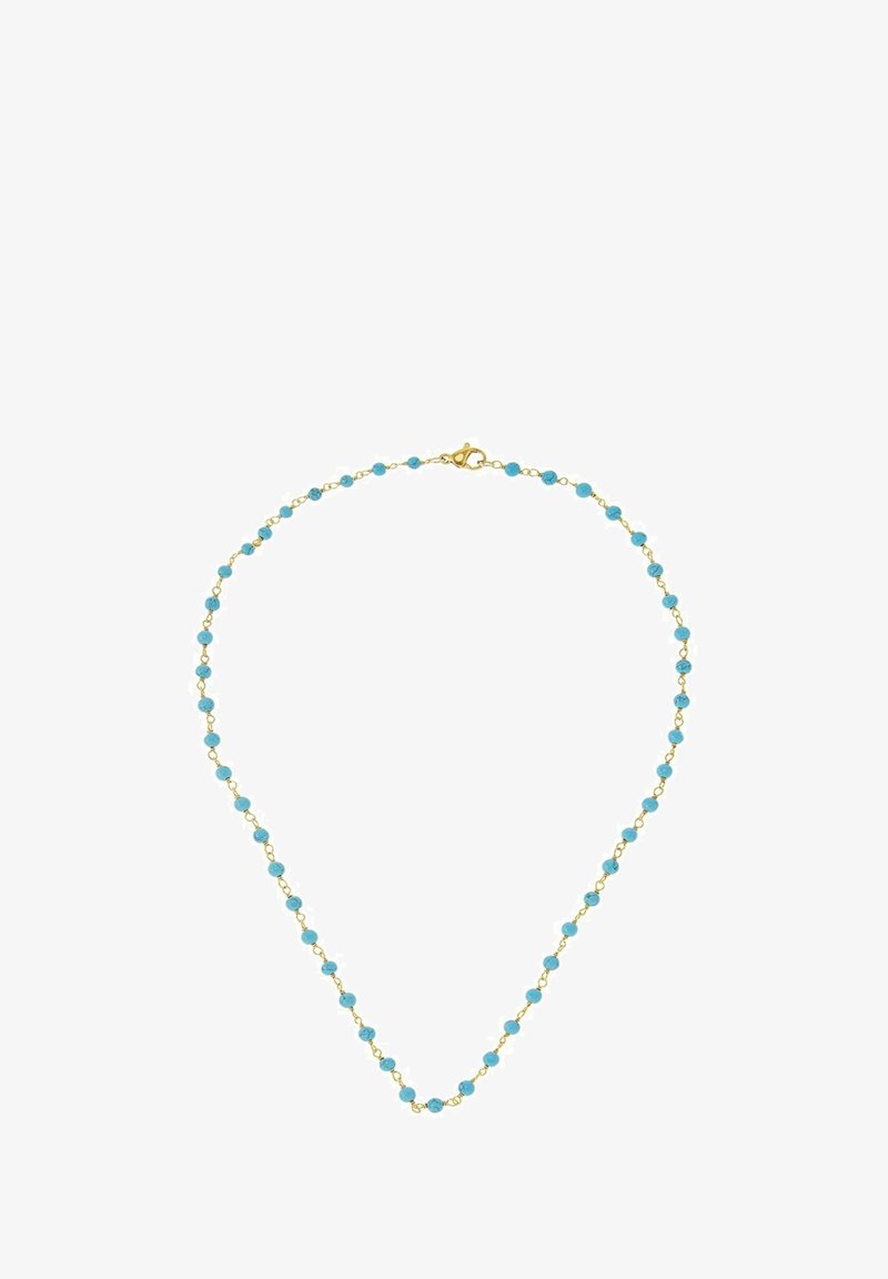 Collana in oro con perle di turchese. Presenta piccole perle tonde distribuite lungo la catena. Chiusura a gancio sul retro.