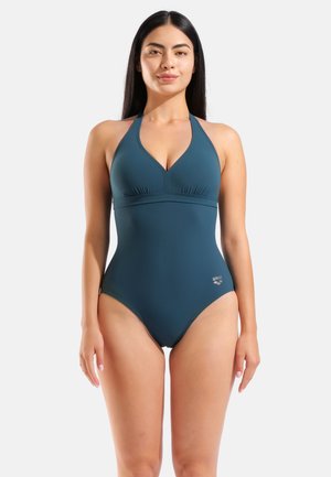 Maillot de bain une pièce bleu sarcelle avec un col halter, un dos décolleté et un détail froncé à l'avant. Confectionné en tissu lisse et extensible.