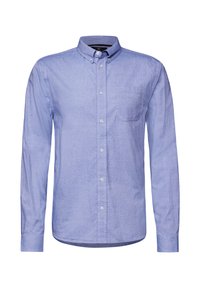 Light blue, long-sleeve button-up shirt with a collar, front pocket, and subtle texture, featuring white buttons and a curved hem.