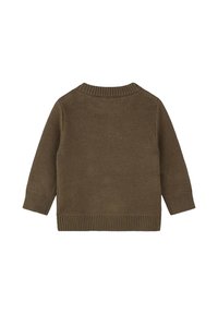 Maglione in maglia marrone con finitura testurizzata, scollo e polsini a coste. Il design casual presenta una vestibilità comoda e una costruzione semplice.