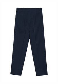 Pantaloni blu navy con un design a gamba dritta, caratterizzati da due pieghe frontali e una texture liscia. Nessun hardware o motivo visibile.