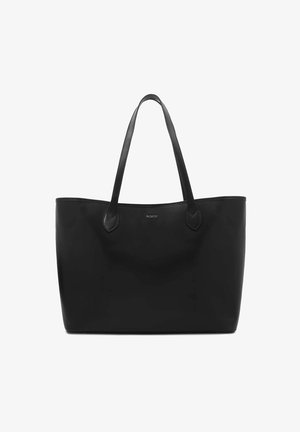 Black leather tote bag with two long handles, smooth texture, and a minimalistic design. Features a small logo center front.