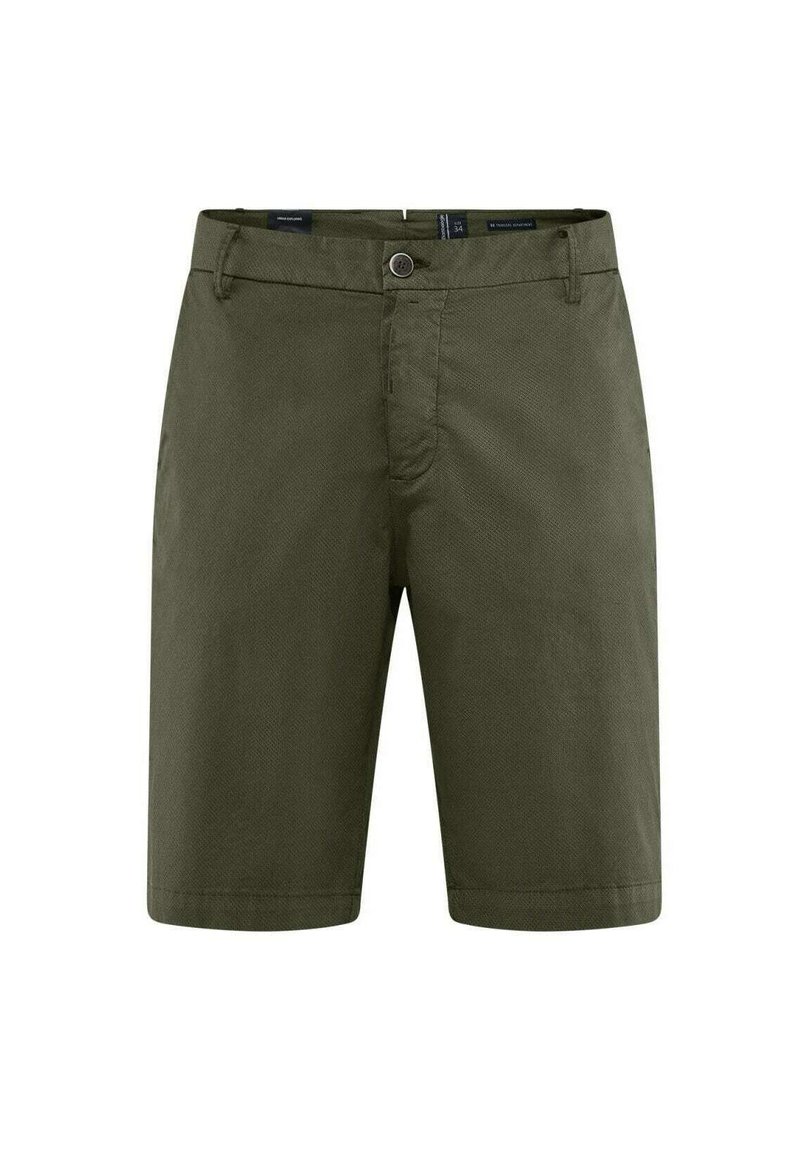 Pantaloni corti verde oliva realizzati in tessuto testurizzato, con chiusura a bottone, passanti per cintura e gamba dritta con orli cuciti.