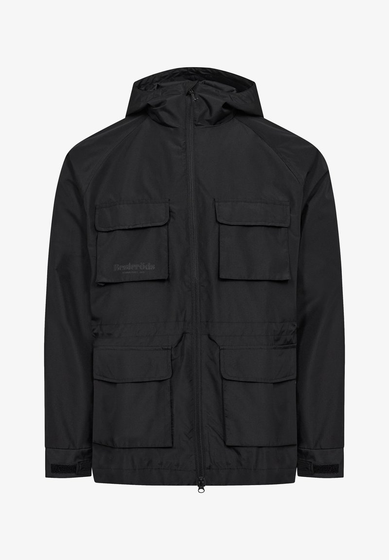Giacca nera impermeabile con cappuccio, zip frontale, quattro tasche con pattina e polsini regolabili. Realizzata in tessuto leggero e resistente.