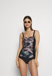 Schwarzer Badeanzug mit floralem Muster in Pink und Grün, mit verstellbaren Trägern und einem gerafften Vorderdesign. Glattes, elastisches Material.