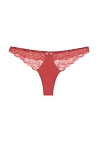 Red lace thong with scalloped edges, featuring a solid fabric triangle in the center, smooth texture, and intricate lace detailing.