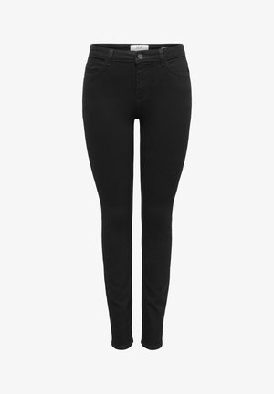 Melnas plānas džinsa bikses ar klasisku piecu kabatu dizainu, priekšpuses pogu aizdari un gludu tekstūru.