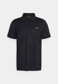 Black polo shirt with a subtle geometric pattern, short sleeves, three-button placket, and embroidered logo in gold on the chest.